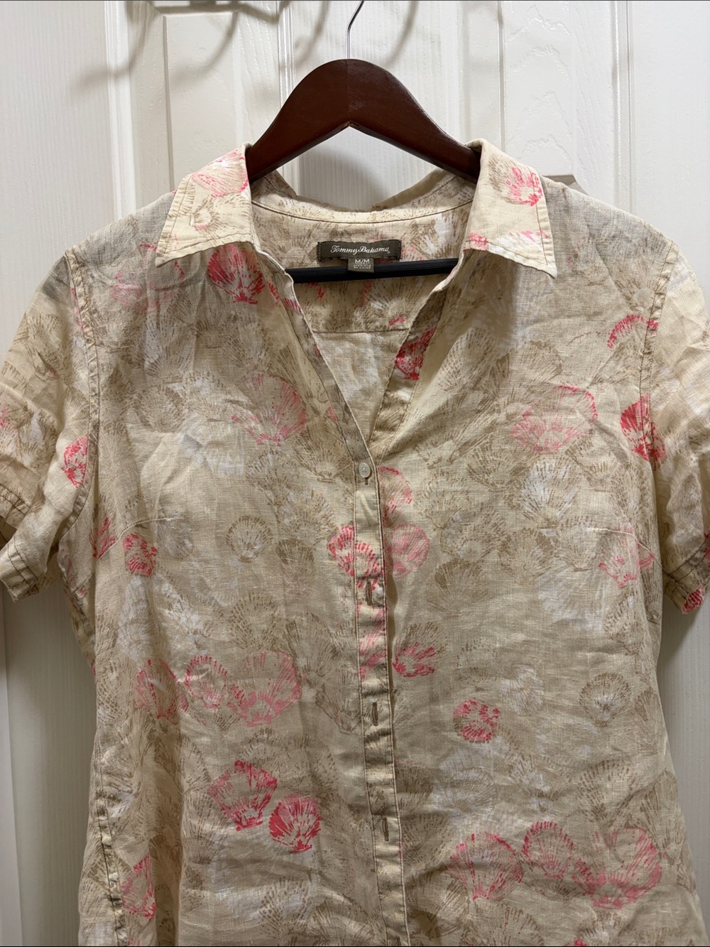 Tommy Bahama Cream Linen Shirt with Pink Floral Pattern M